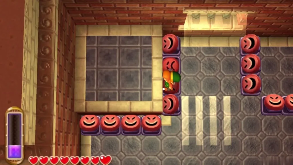 Link squeezed between face blocks on the first floor of the Tower of Hera Link squeezed between face blocks on the first floor of the Tower of Hera