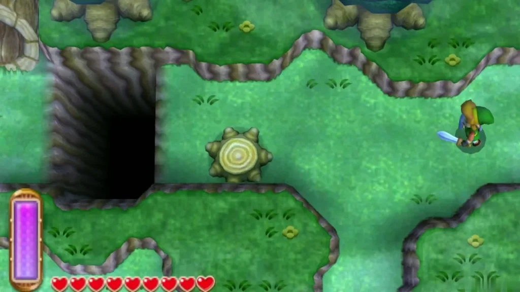 Link on a grassy path beside a dark tree hollow at the edge of the woods, heading toward the Lost Woods Link on a grassy path beside a dark tree hollow at the edge of the woods, heading toward the Lost Woods