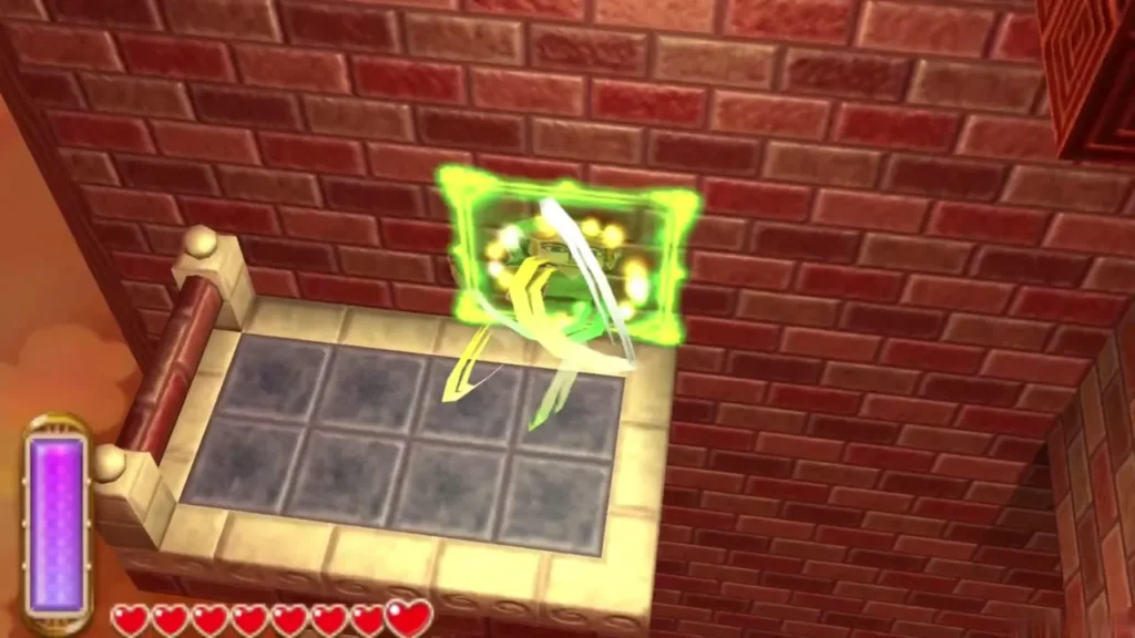 Link merged into the brick wall beside the outside platform, glowing green Link merged into the brick wall beside the outside platform, glowing green
