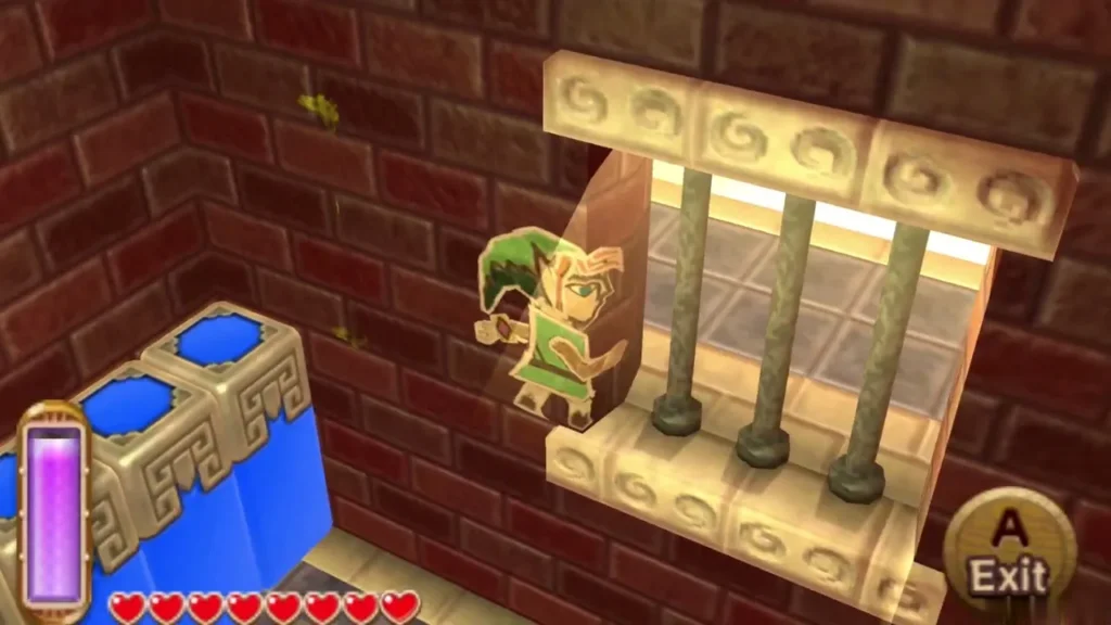 Link merged into the wall beside the barred window, with a blue barrier block at the left Link merged into the wall beside the barred window, with a blue barrier block at the left