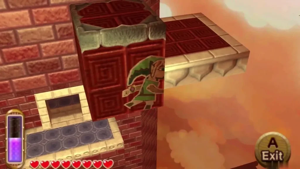 Link merged against a red painted wall beside a higher stone ledge on the outside platform route Link merged against a red painted wall beside a higher stone ledge on the outside platform route