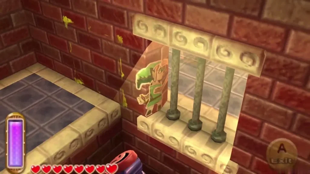 Link merged into the brick wall beside the barred window of the Tower of Hera Link merged into the brick wall beside the barred window of the Tower of Hera