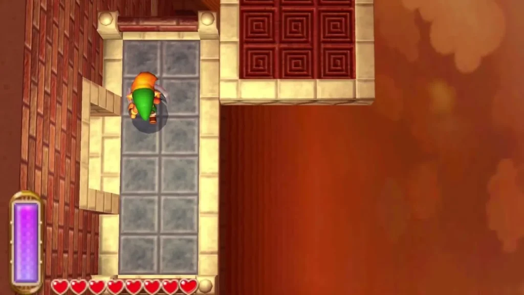 Link on a narrow stone ledge outside the tower, the red-tiled doorway behind him Link on a narrow stone ledge outside the tower, the red-tiled doorway behind him
