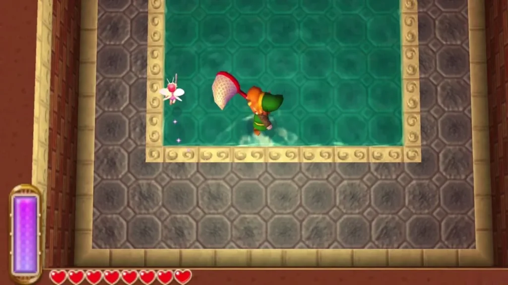 Link swinging the Net at a fairy above the 8F pool Link swinging the Net at a fairy above the 8F pool