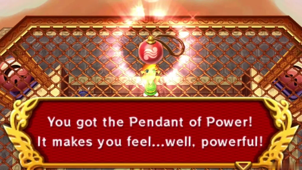 Link holding up the Pendant of Power with the You got the Pendant of Power message box Link holding up the Pendant of Power with the You got the Pendant of Power message box