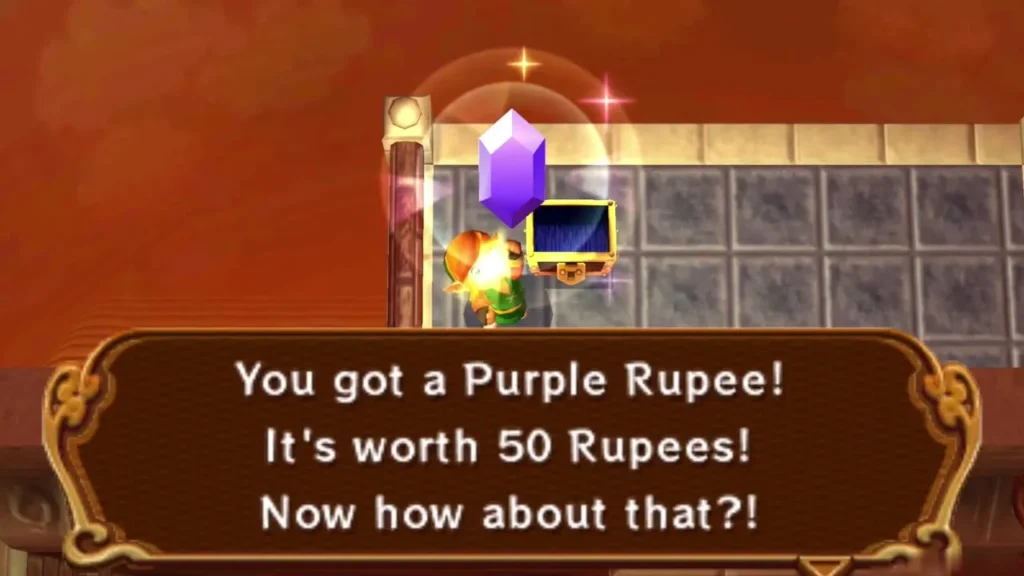 Link holding up a Purple Rupee, with the item name box and the chest beside him Link holding up a Purple Rupee, with the item name box and the chest beside him