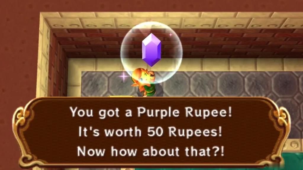 Link holding up a Purple Rupee, with the box reading worth 50 Rupees Link holding up a Purple Rupee, with the box reading worth 50 Rupees