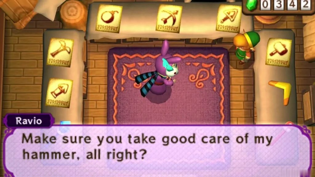 Ravio at his shop reminding Link to take care of the hammer Ravio at his shop reminding Link to take care of the hammer