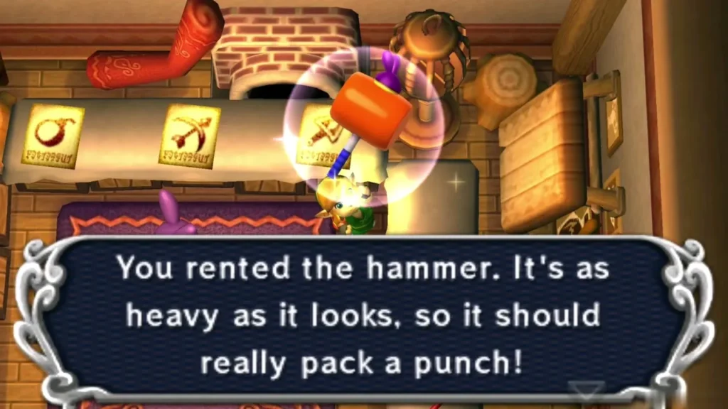 Link holding up the rented hammer after renting it from Ravio Link holding up the rented hammer after renting it from Ravio