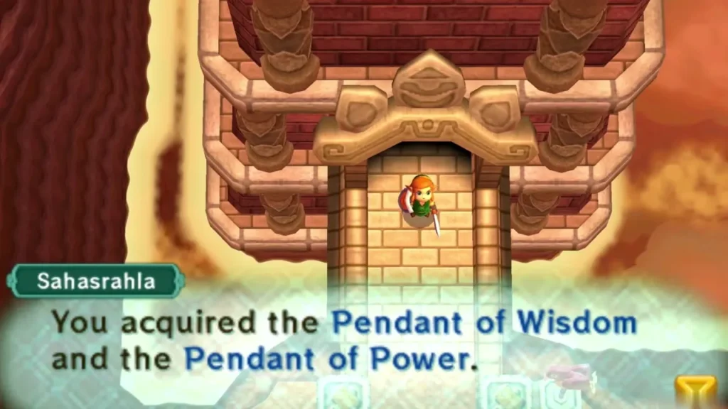 Link on the Sanctuary steps as Sahasrahla confirms the Pendant of Wisdom and Pendant of Power Link on the Sanctuary steps as Sahasrahla confirms the Pendant of Wisdom and Pendant of Power