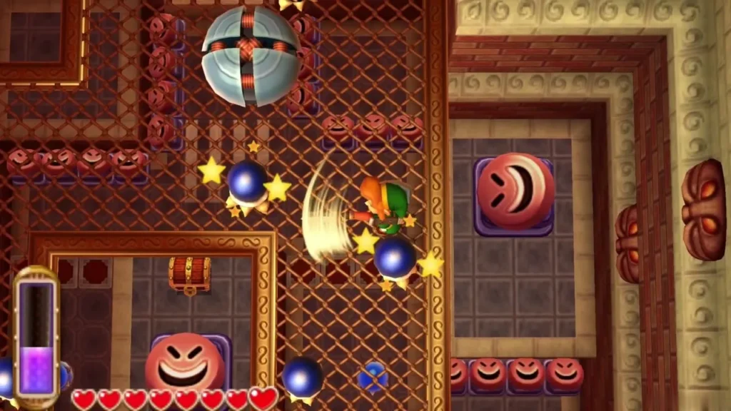 Link on the second floor of the Tower of Hera, swinging his sword among blue Bumpers Link on the second floor of the Tower of Hera, swinging his sword among blue Bumpers