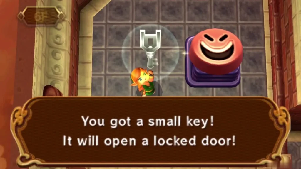 Link holding up a small key on 6F, with the 'It will open a locked door' box fully shown Link holding up a small key on 6F, with the 'It will open a locked door' box fully shown