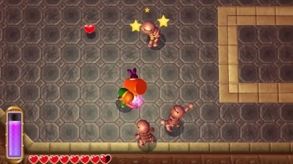 Link fighting several Stalfos on the tiled floor of the 6F room Link fighting several Stalfos on the tiled floor of the 6F room