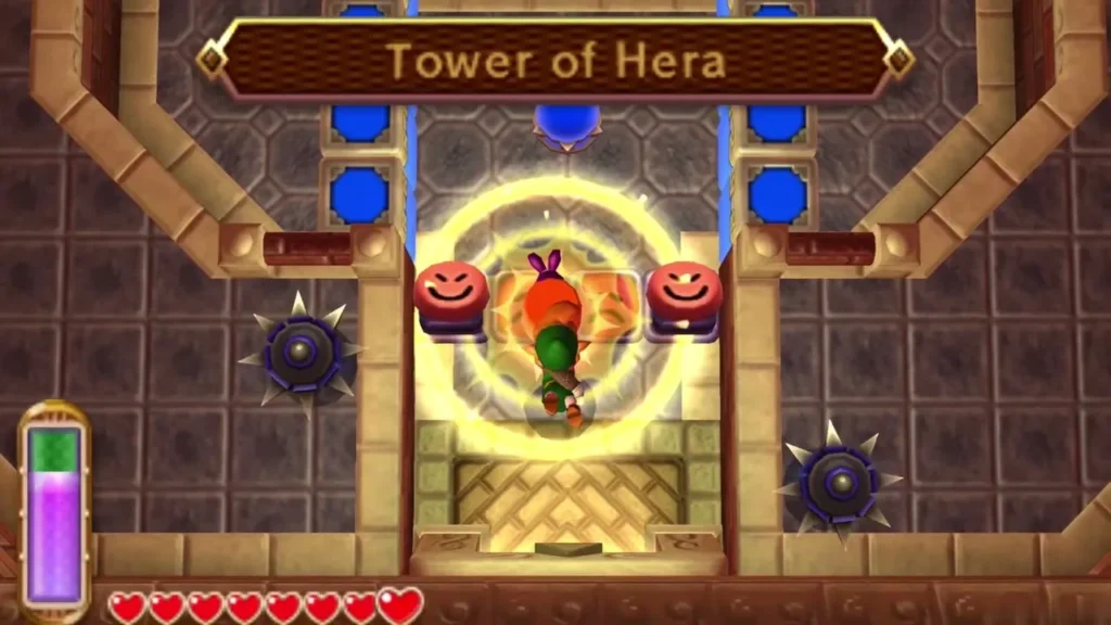 Link stepping through the tower entrance with the Tower of Hera banner on screen Link stepping through the tower entrance with the Tower of Hera banner on screen