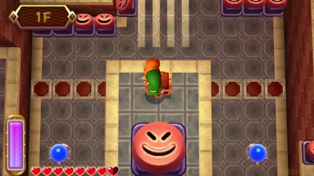 Link standing on the Tower of Hera 1F with a face block ahead Link standing on the Tower of Hera 1F with a face block ahead