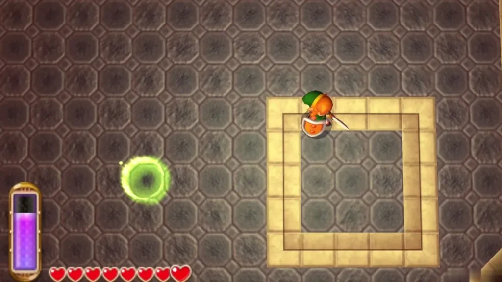 A green warp portal glows on the tiled floor of the 6F Stalfos room A green warp portal glows on the tiled floor of the 6F Stalfos room