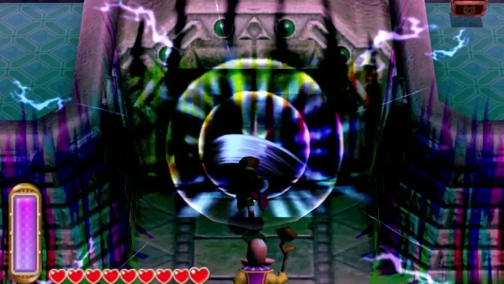 Link inside the swirling barrier at Hyrule Castle as it breaks apart