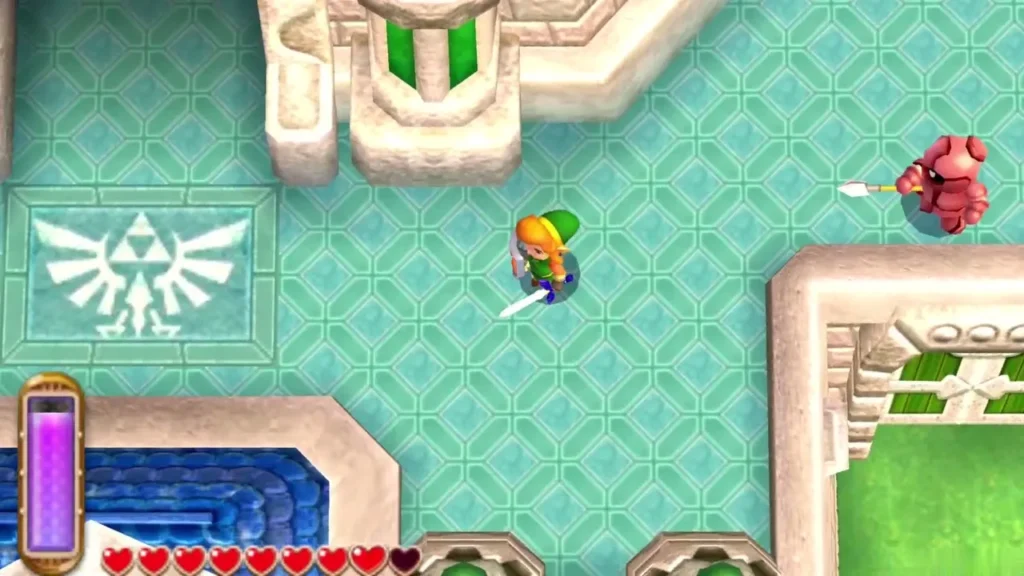 Link with his sword drawn in a courtyard with a Hyrule crest on the floor