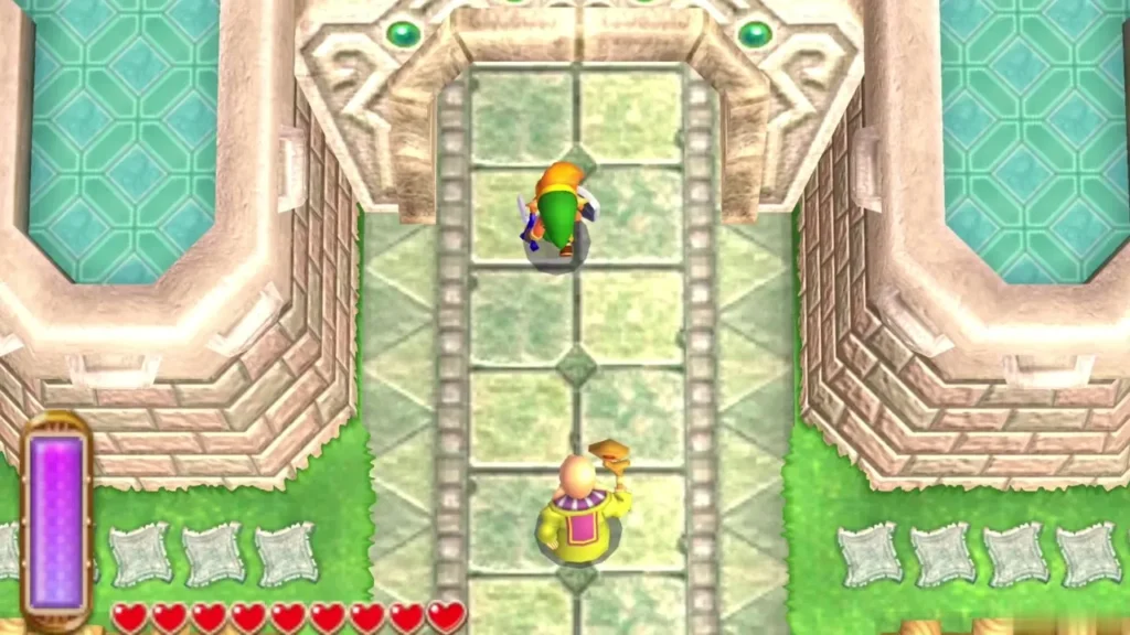 Link walking down the long castle entrance corridor between stone walls