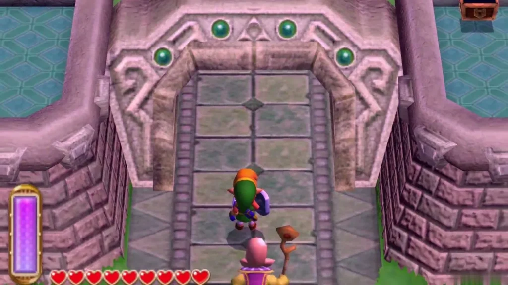 The castle gate open with the barrier gone and Link walking toward it