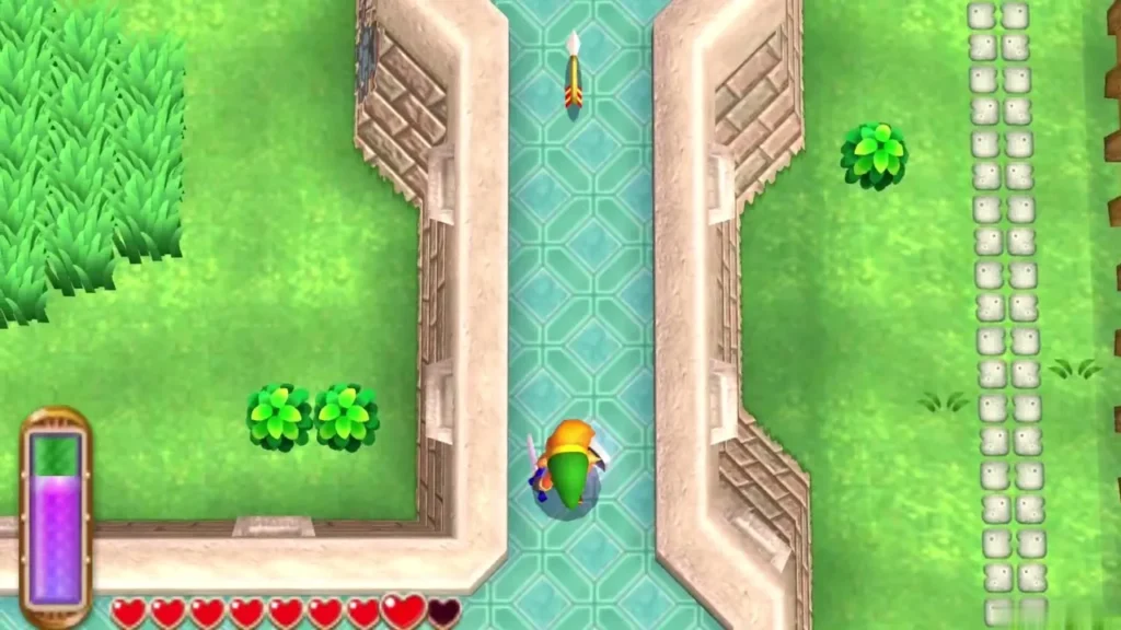 Link walking a stone-edged path past grass and bushes on the castle grounds