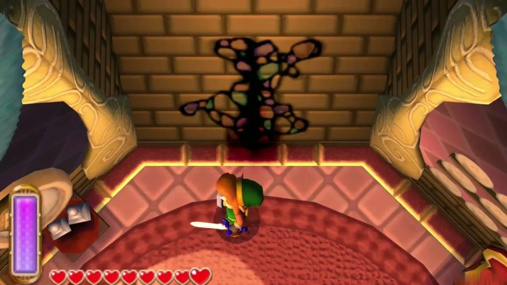 Link with his sword drawn before a dark crack in the office wall
