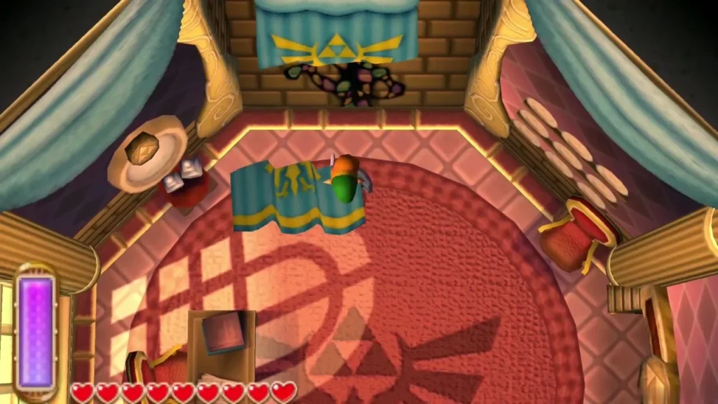 Link slashing the teal curtain on the office's north wall to uncover a crack