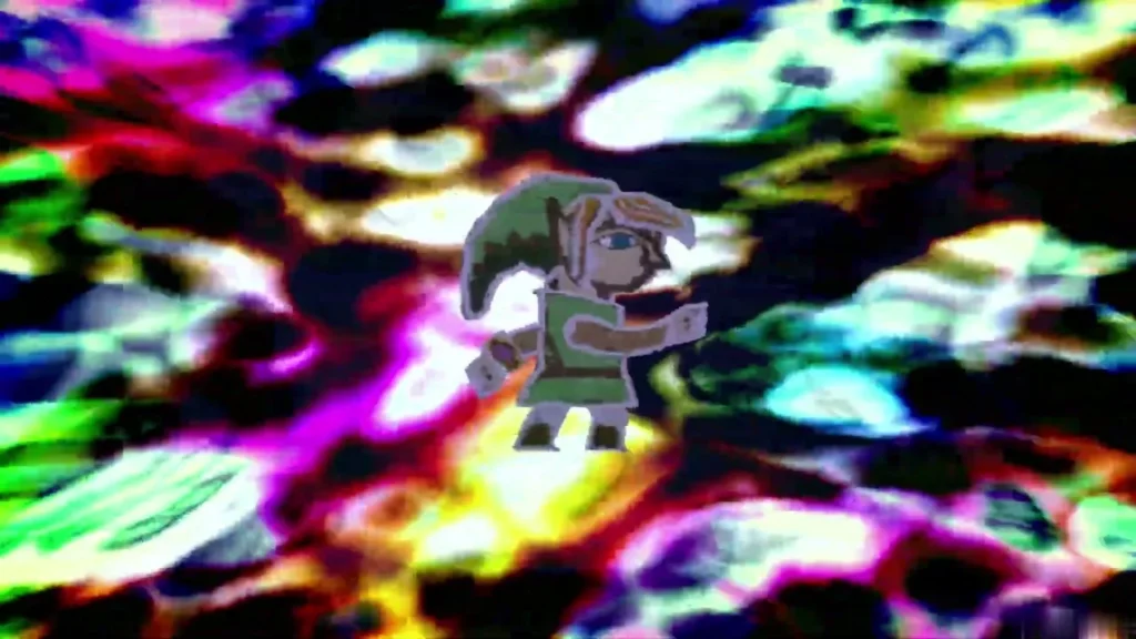 Link drifting through the swirling colored space on the way to Lorule
