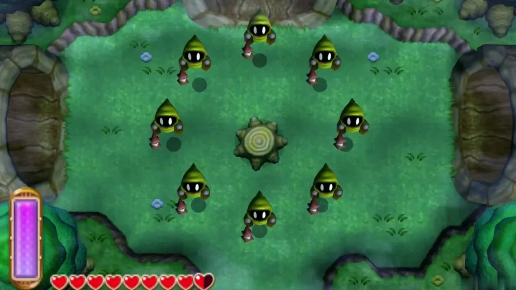 Eight Poes hover around the exits of the first Lost Woods maze clearing