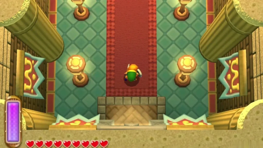 Link crossing the red-carpeted hall between golden pillars in Hyrule Castle