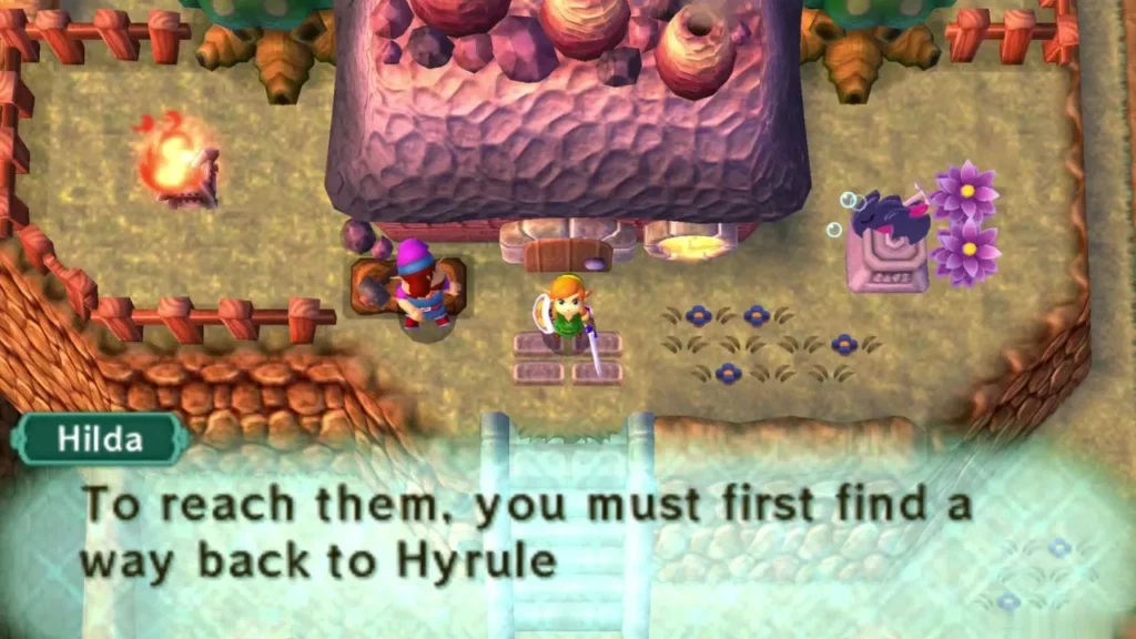 Princess Hilda speaking to Link in a Lorule field, her name shown in the dialogue box