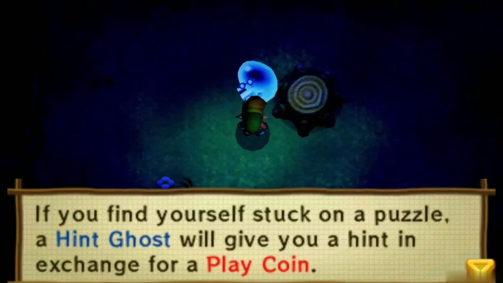 Hint Ghost in a dark clearing, with a box saying it gives hints for a Play Coin