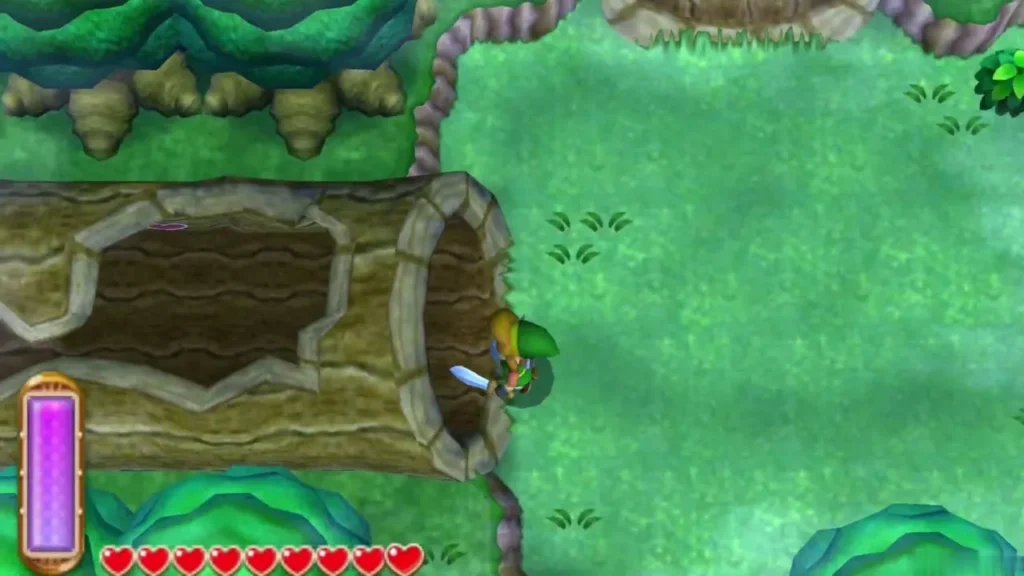 Link standing beside a hollow log in the Lost Woods, next to the narrow gap