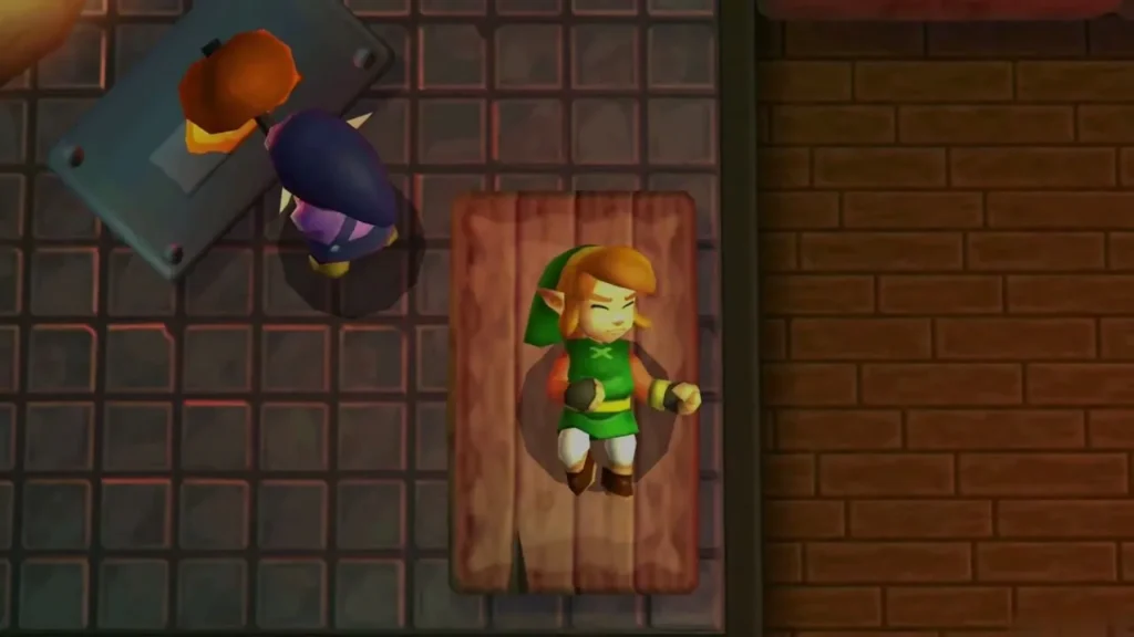 Link standing on a rug in the Lorule Blacksmith's house beside the forge