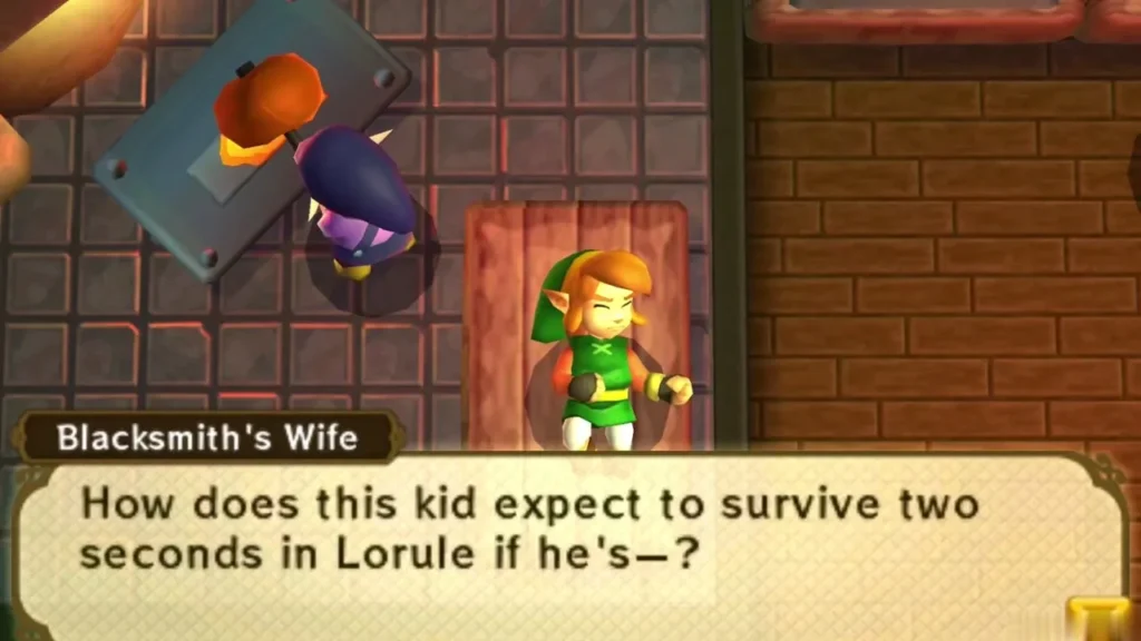 The Blacksmith's Wife in the Lorule Blacksmith's house, questioning Link with the dialogue box fully shown