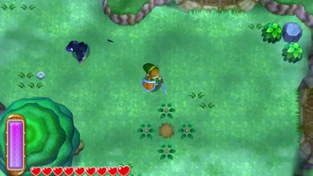 Link facing a dark enemy in an open Lost Woods clearing