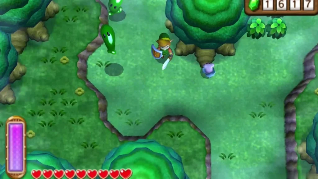 Link fighting a green enemy in a Lost Woods clearing edged with bushes