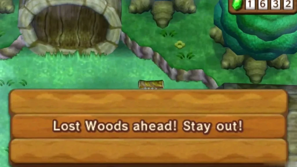 Wooden sign reading Lost Woods ahead, Stay out