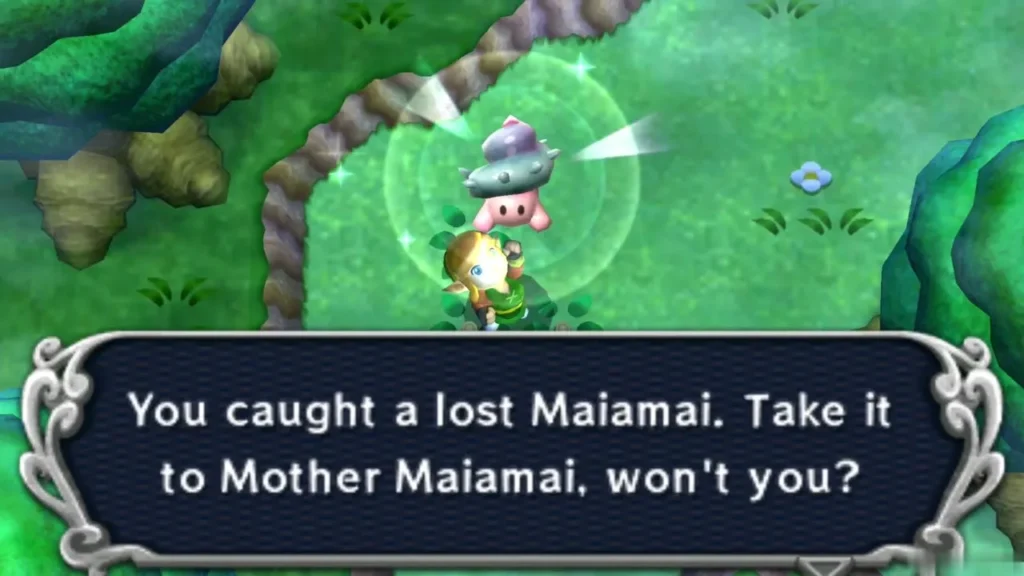Link catching a lost Maiamai in a Lost Woods clearing