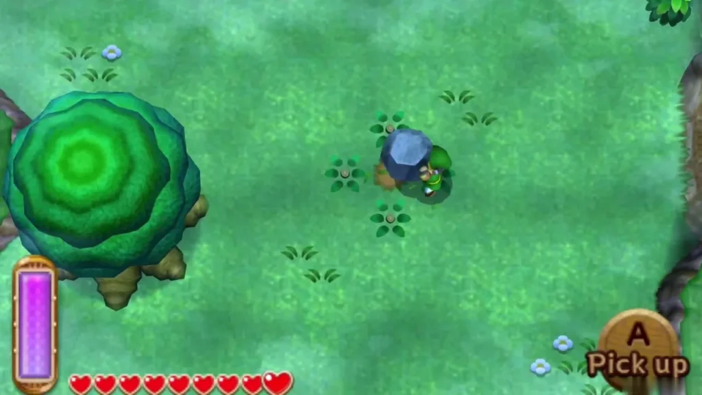 Link beside a small rock in the Lost Woods with the Pick up prompt showing