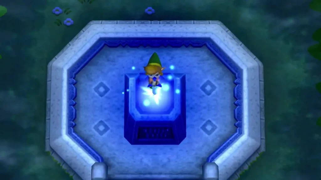 Link standing on the glowing Master Sword pedestal in the Lost Woods