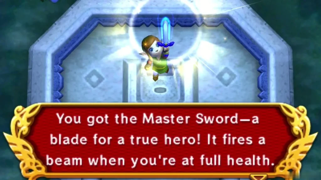 Link holding the Master Sword overhead beneath the You got the Master Sword box