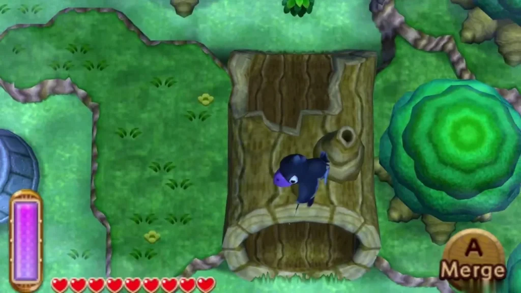 Merge prompt shown beside a hollow tree trunk in the Lost Woods