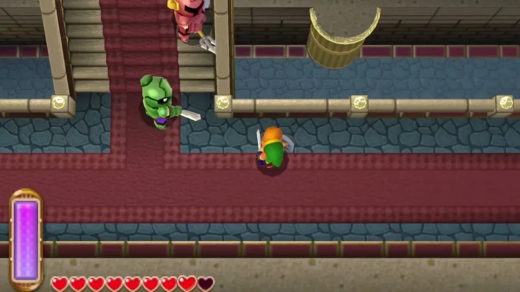 Link fighting a green soldier beside the stairs of the red-carpeted throne room hall