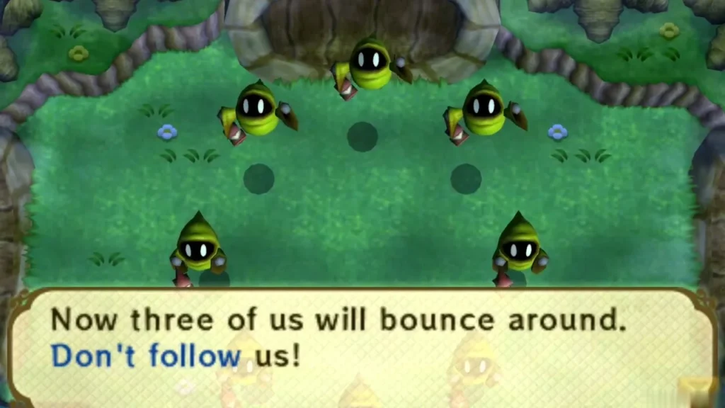 Poes bounce around a clearing as one warns not to follow them