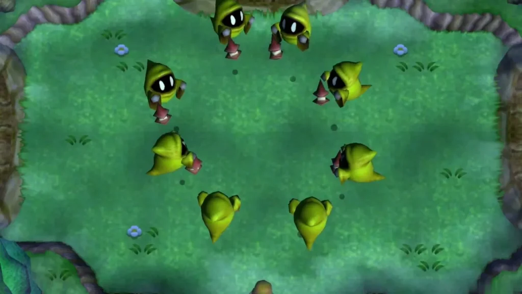 Poes bounce around a clearing in the Lost Woods maze