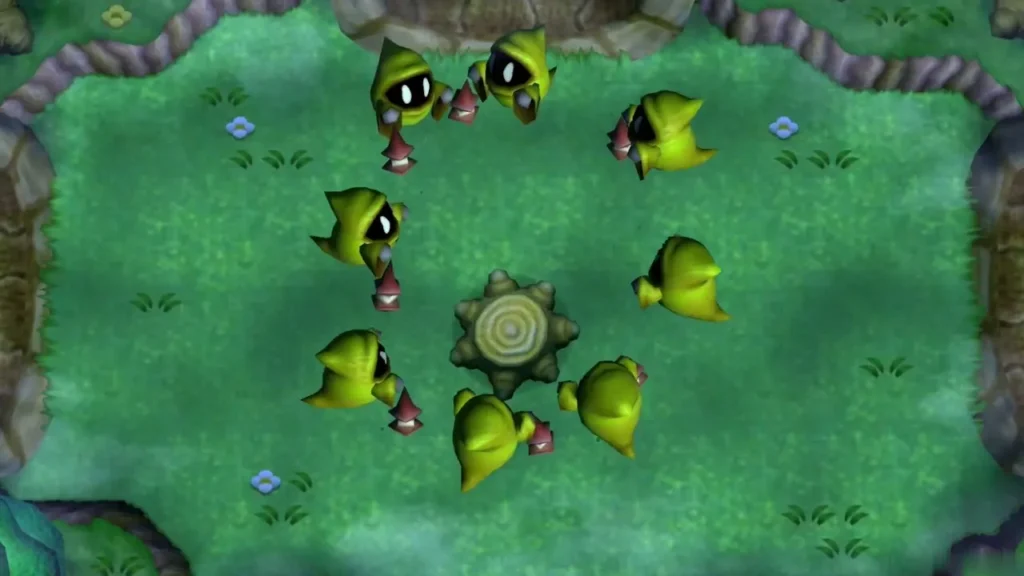 Poes scatter and bounce off in different directions across a maze clearing