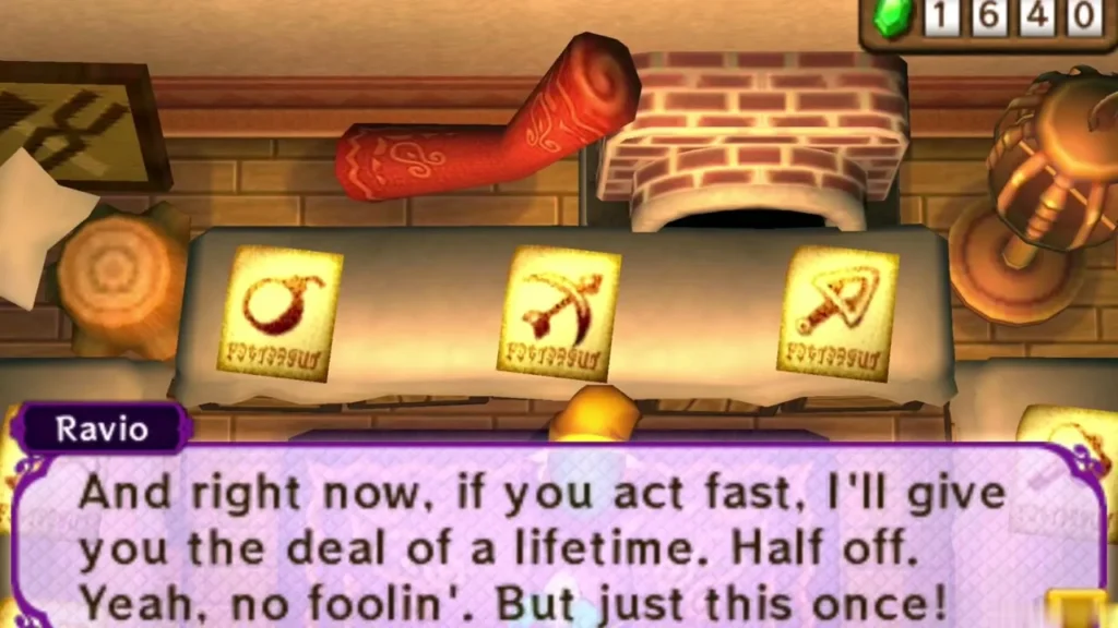 Ravio offering half-price first purchase at his shop counter