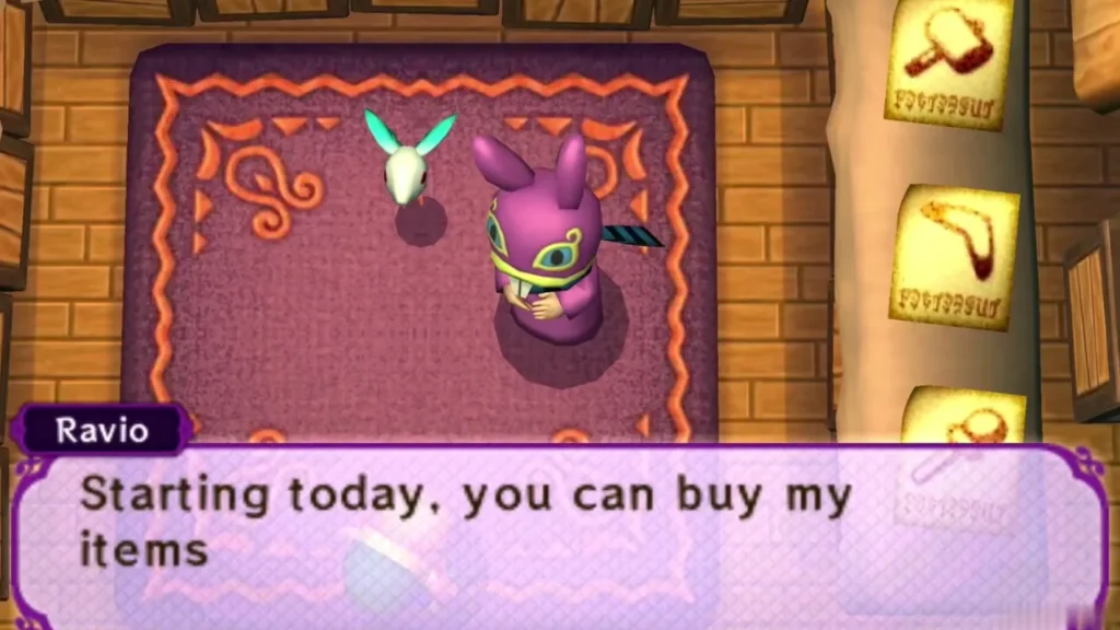 Ravio at his shop announcing that he now sells items