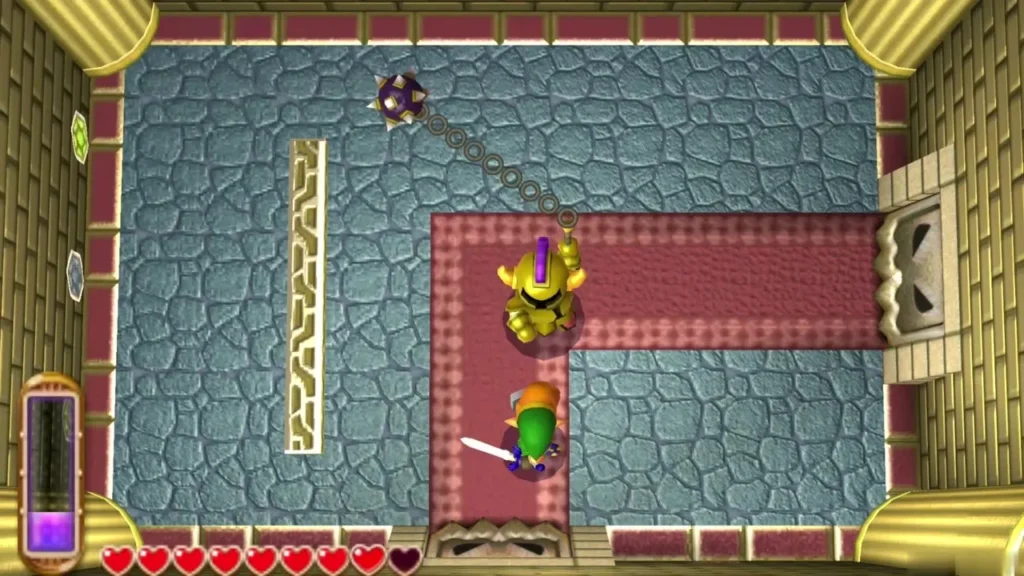 Link slashing at the Ball and Chain Soldier while the chained ball swings above